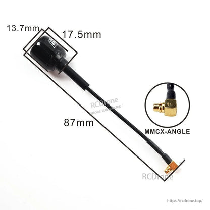 Mini Hammer antenna dimensions with MMCX right-angle connector close-up, 87mm lead length