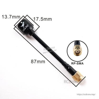 Mini Hammer antenna dimensions with RP-SMA connector close-up, 87mm coax lead and compact body