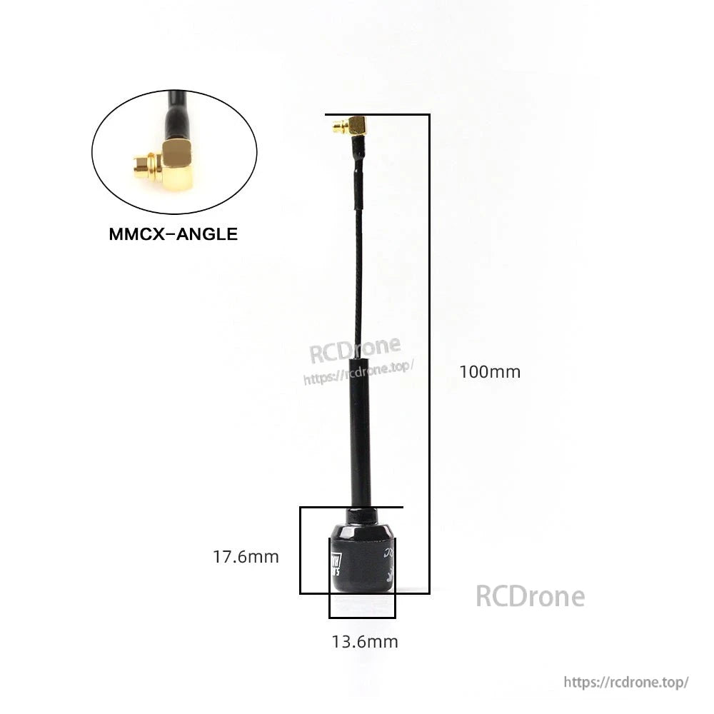 Whip antenna dimensions diagram with MMCX right-angle connector, 100mm length and compact base