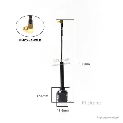 Whip antenna dimensions diagram with MMCX right-angle connector, 100mm length and compact base