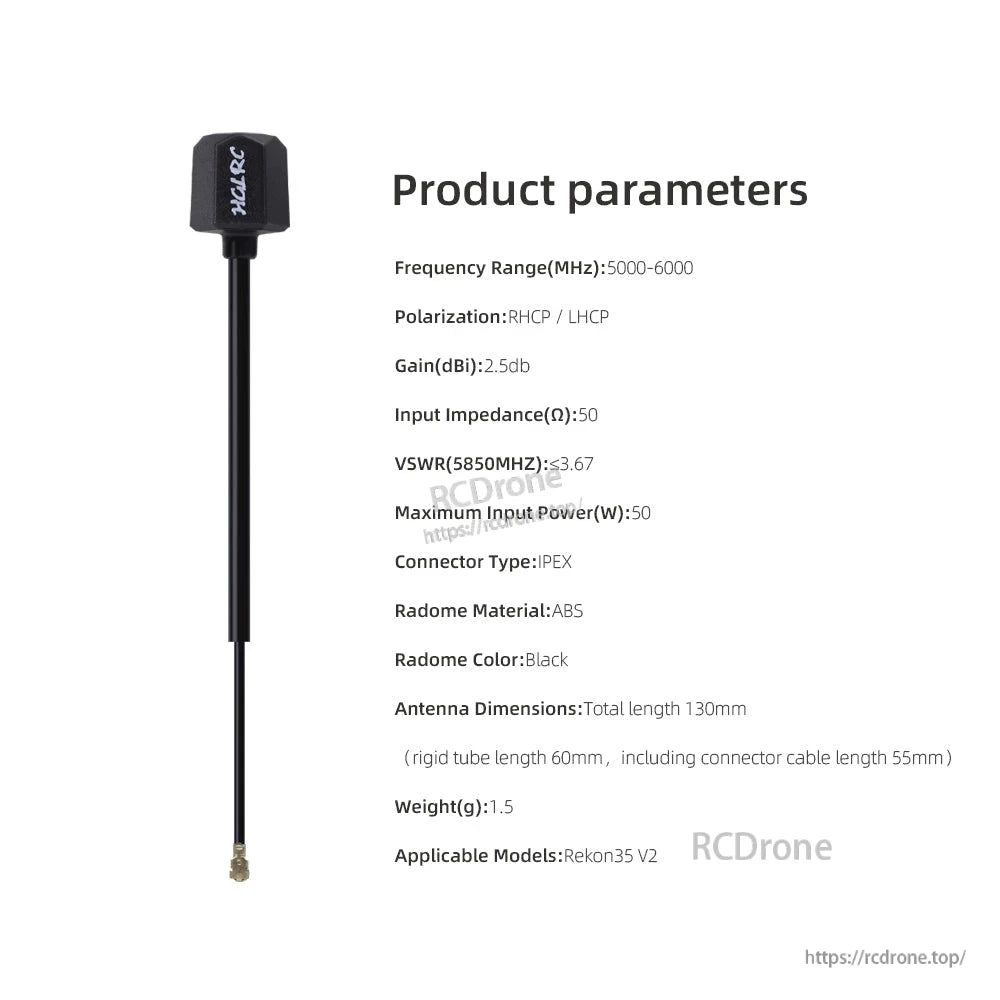 Product parameters chart for mini hammer antenna: 5000–6000MHz, RHCP/LHCP, IPEX connector, ABS