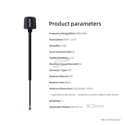 Product parameters chart for mini hammer antenna: 5000–6000MHz, RHCP/LHCP, IPEX connector, ABS