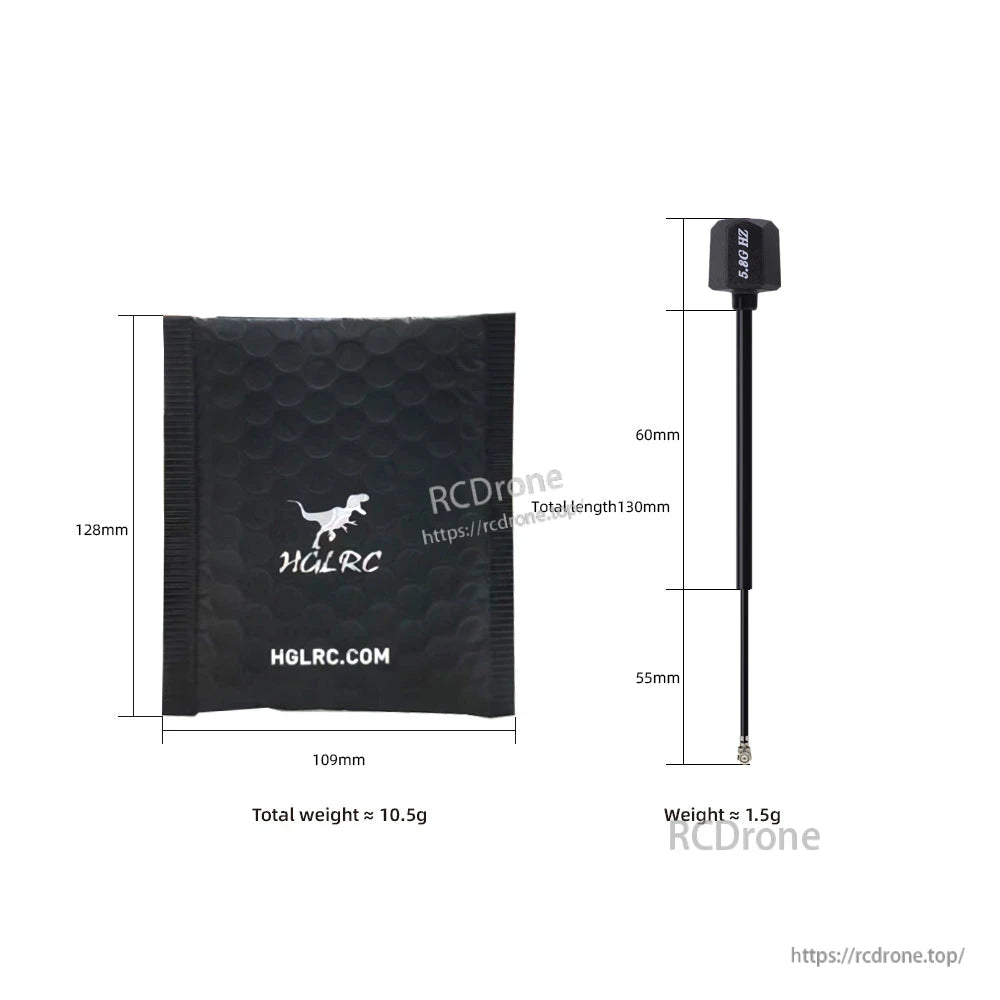 Packaging pouch and antenna size diagram showing 130mm total length and 10.5g total weight