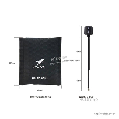 Packaging pouch and antenna size diagram showing 130mm total length and 10.5g total weight