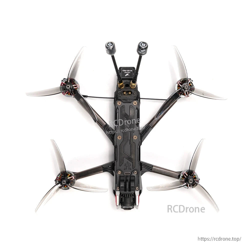 Top-down view of HGLRC Nblade MAX quadcopter showing 5-inch prop layout and dual antennas