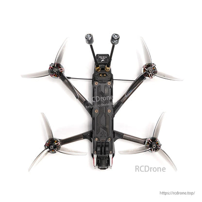 Top-down view of HGLRC Nblade MAX quadcopter showing 5-inch prop layout and dual antennas