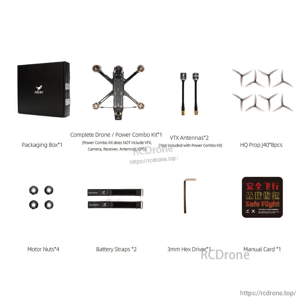 Package contents layout: drone, box, antennas, HQ propellers, battery straps, motor nuts, hex driver, manual