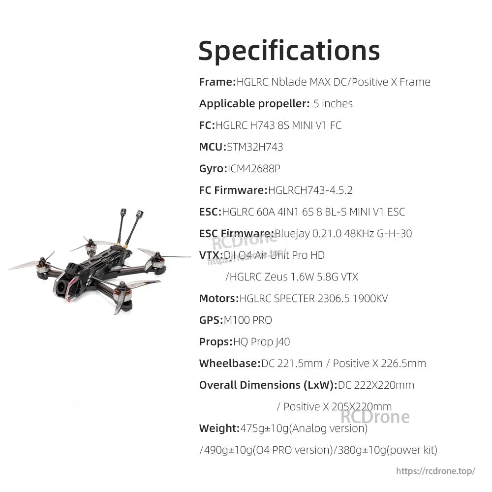 Specifications sheet image listing frame, electronics, motors, props, wheelbase, dimensions, and weight
