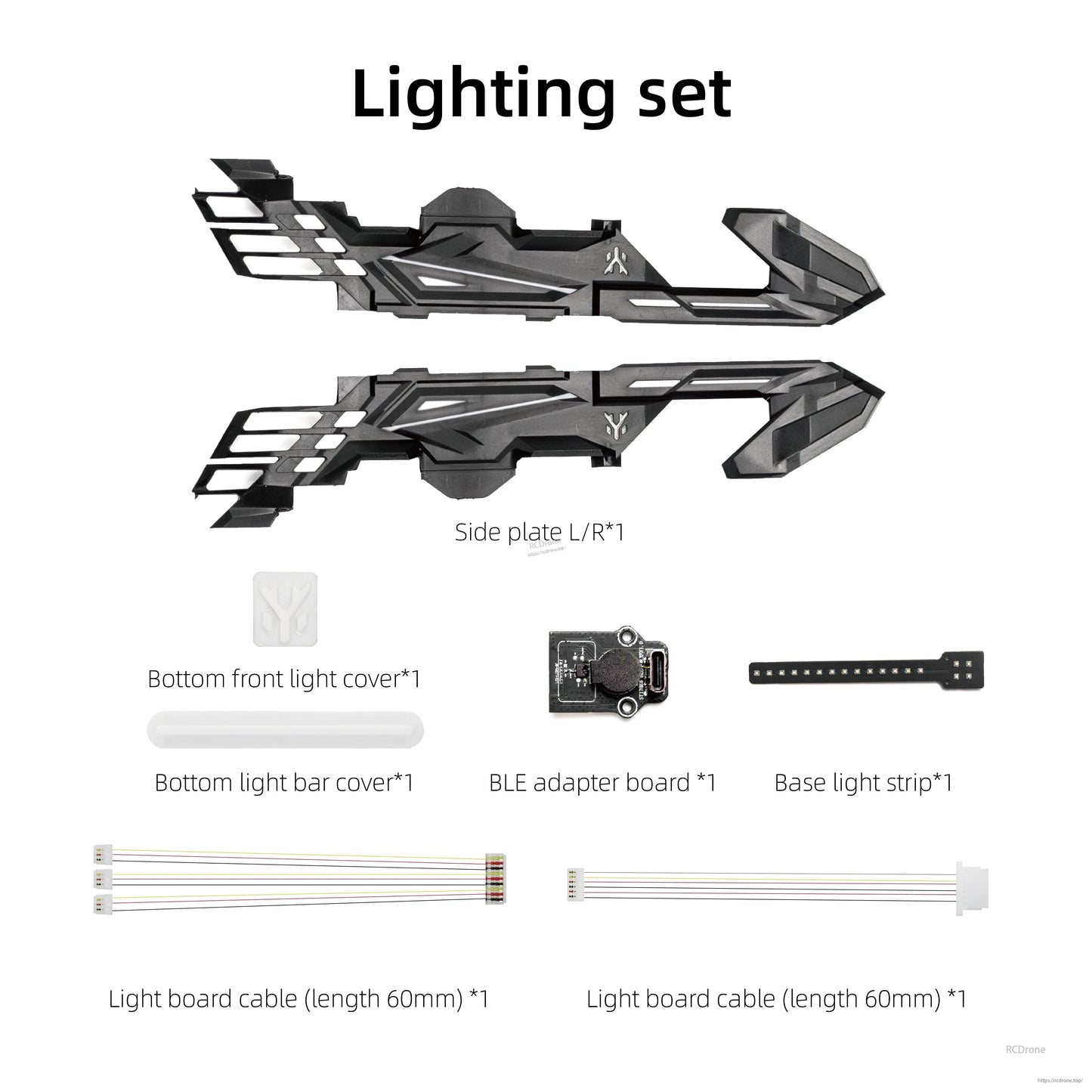 Lighting set contents showing left/right side plates, light covers, BLE adapter board, and light strips