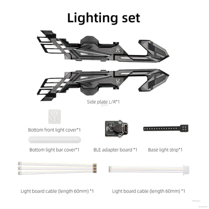 Lighting set contents showing left/right side plates, light covers, BLE adapter board, and light strips
