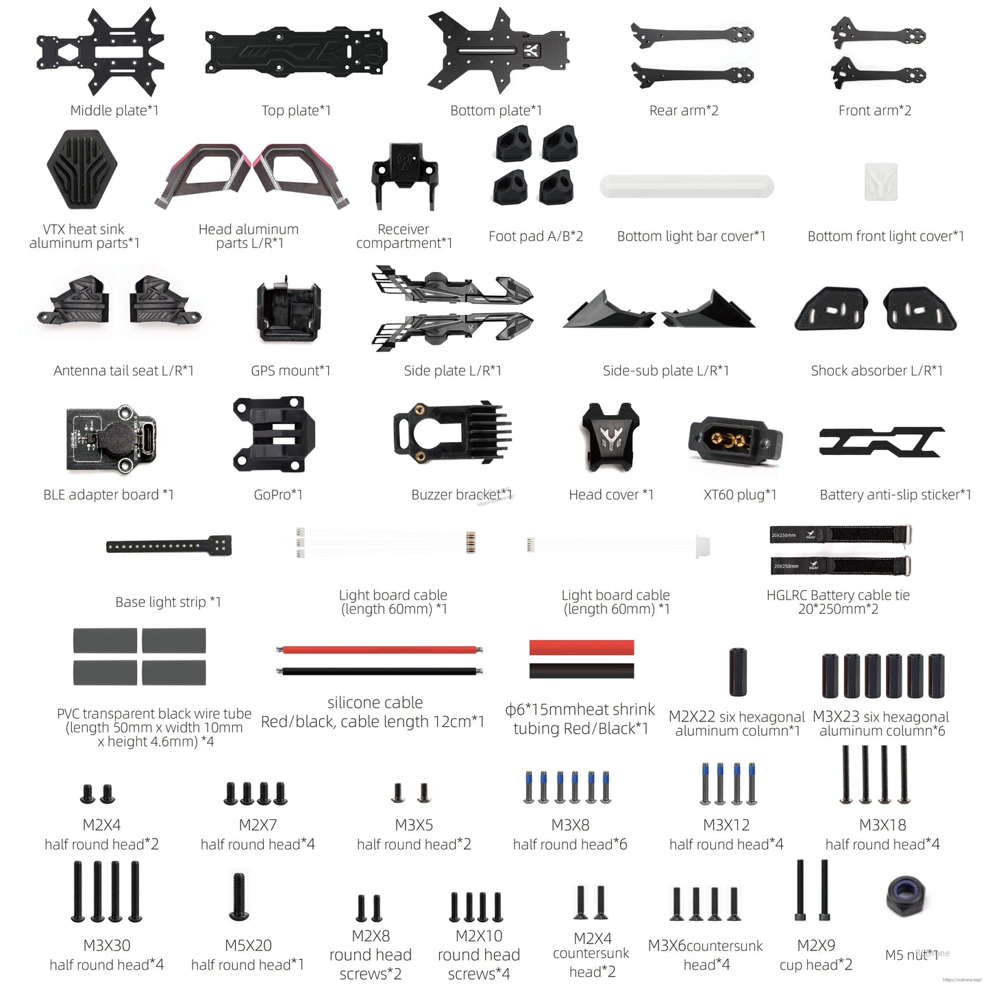HGLRC Nblade MAX 5-Inch FPV Frame kit contents layout showing plates, arms, mounts, wiring, and screws