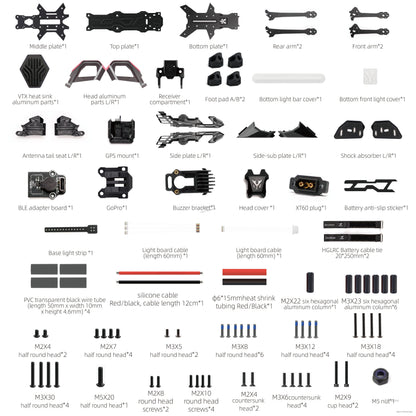 HGLRC Nblade MAX 5-Inch FPV Frame kit contents layout showing plates, arms, mounts, wiring, and screws