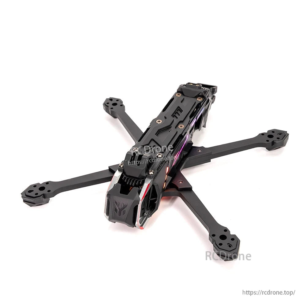 High front angle view of assembled frame showing arm spacing and top plate hardware