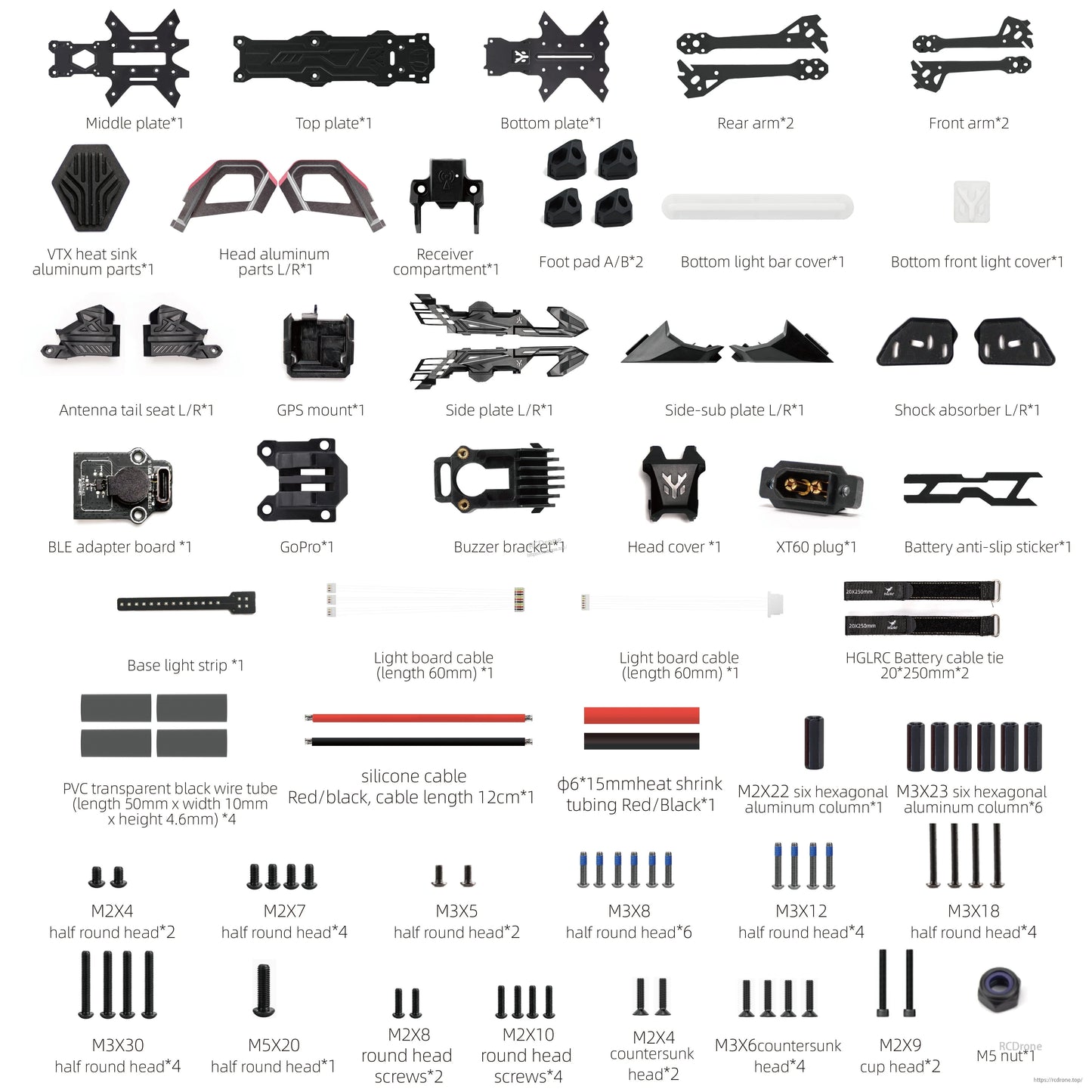 Exploded parts diagram listing frame components and included hardware screws, standoffs, and cables