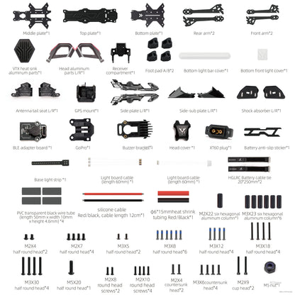 Exploded parts diagram listing frame components and included hardware screws, standoffs, and cables