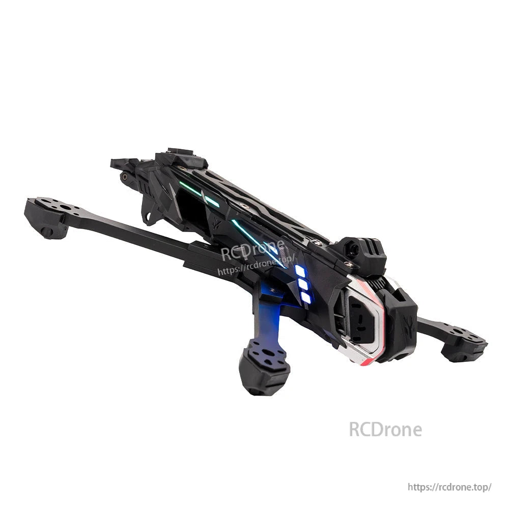 Low front-right angle view showing LED strip glow and side profile of the main body and arms