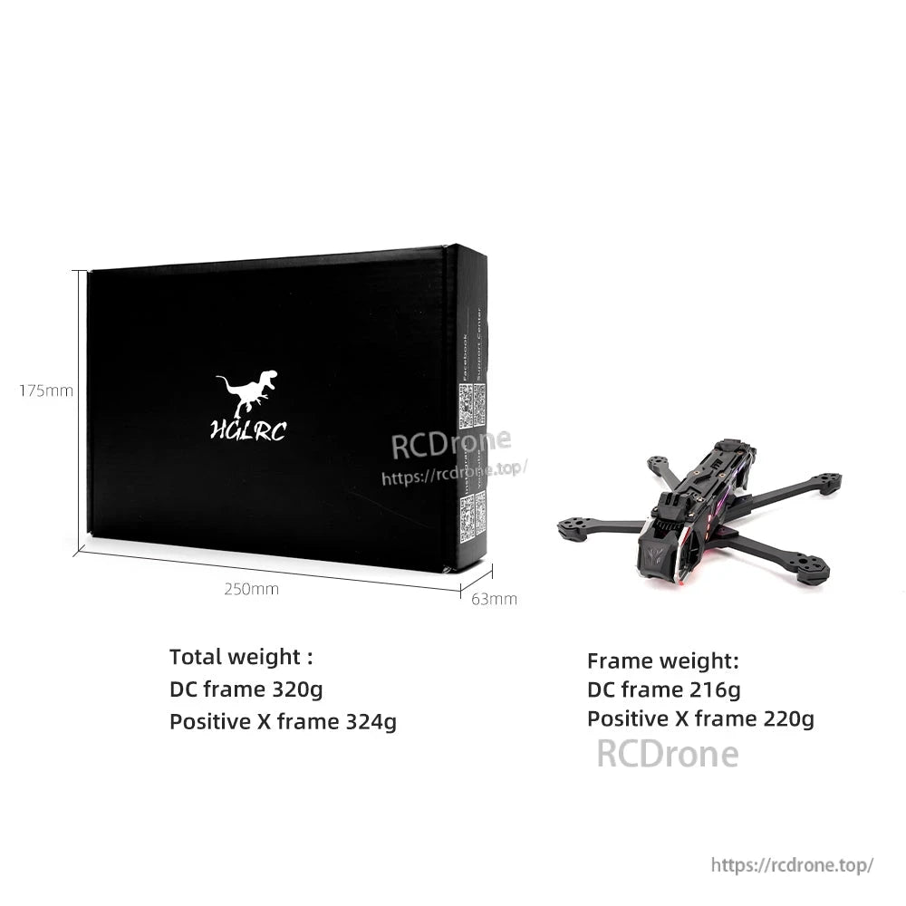 Retail box size diagram and listed frame weights for DC and Positive X versions