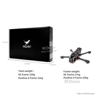 Retail box size diagram and listed frame weights for DC and Positive X versions