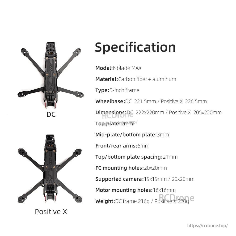 Specification chart for Nblade MAX frame with diagrams for DC and Positive X configurations