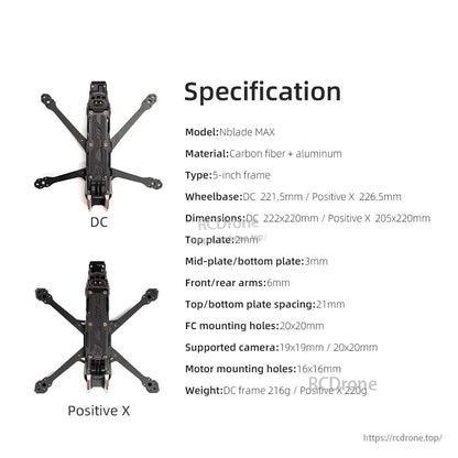 Specification chart for Nblade MAX frame with diagrams for DC and Positive X configurations
