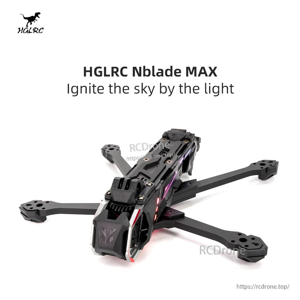 Angled product photo of Nblade MAX frame with LED accents and HGLRC Nblade MAX title graphic