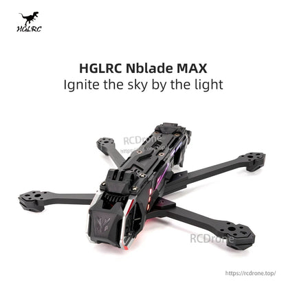 Angled product photo of Nblade MAX frame with LED accents and HGLRC Nblade MAX title graphic