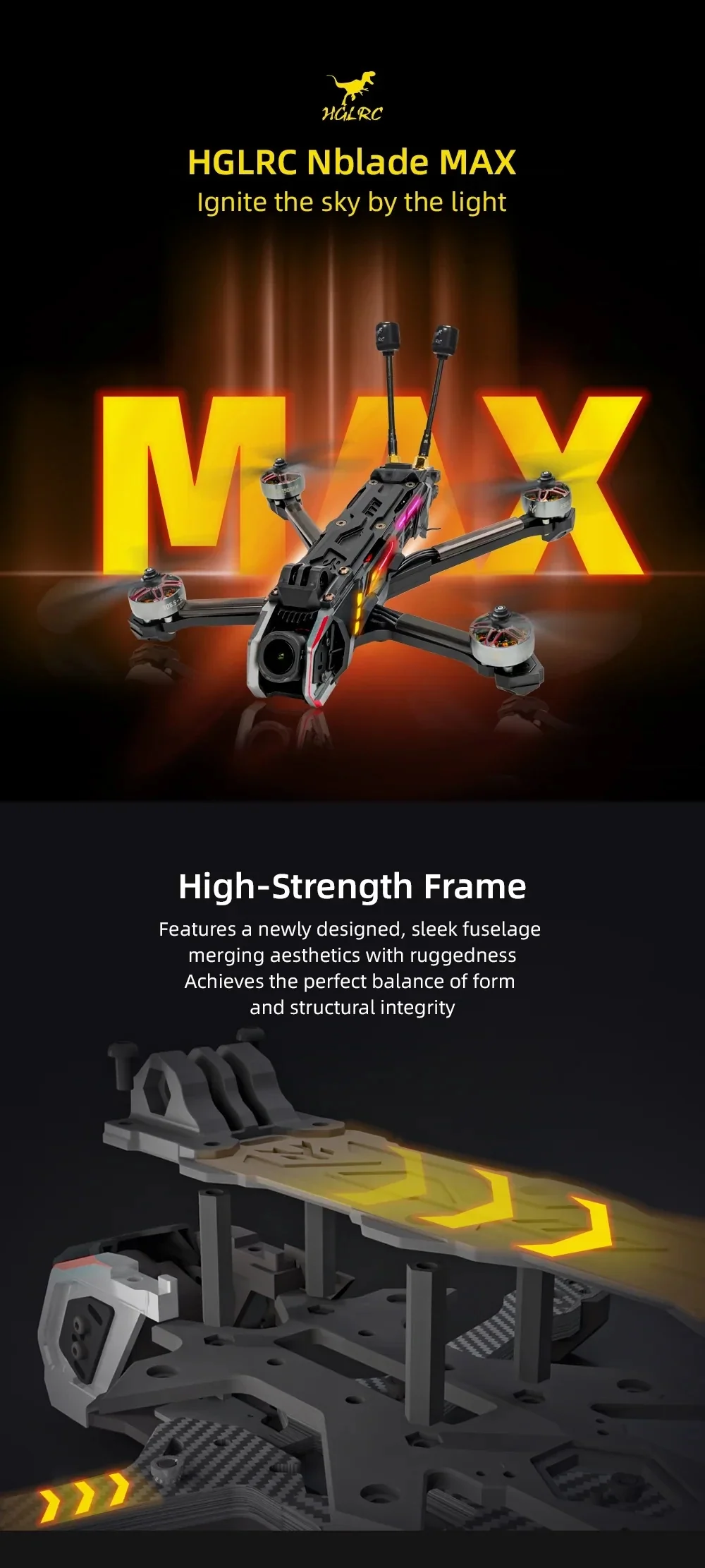 HGLRC Nblade MAX 5-inch FPV drone with high-strength frame and sleek fuselage design graphic