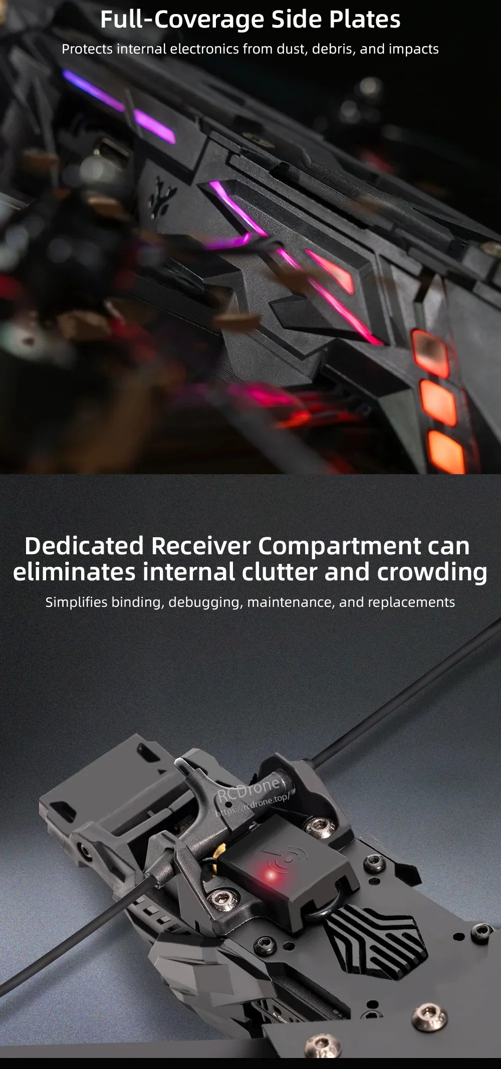 Full-coverage side plates and dedicated receiver compartment on the Nblade MAX to protect electronics and reduce clutter