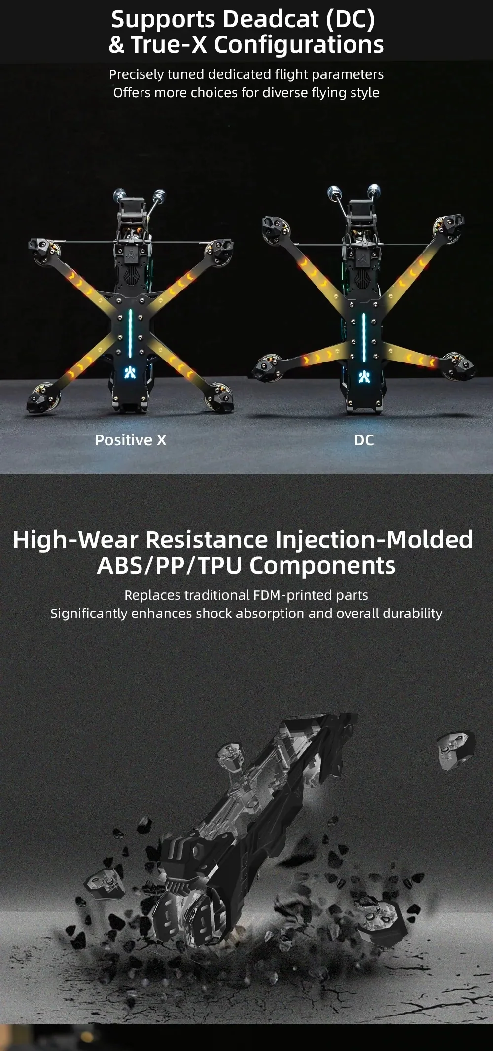 Deadcat (DC) and True-X (Positive X) layouts plus injection-molded ABS/PP/TPU components for durability