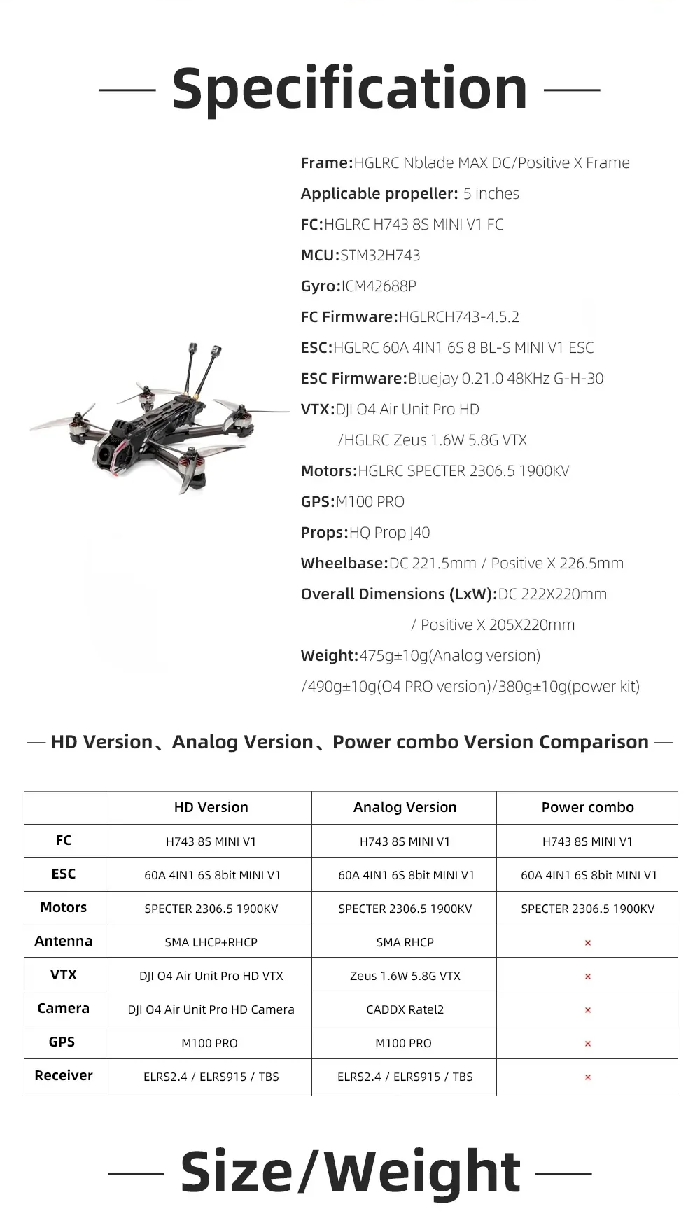 HGLRC Nblade MAX specifications sheet listing frame, FC/ESC, VTX options, motors, props, wheelbase, and version comparison