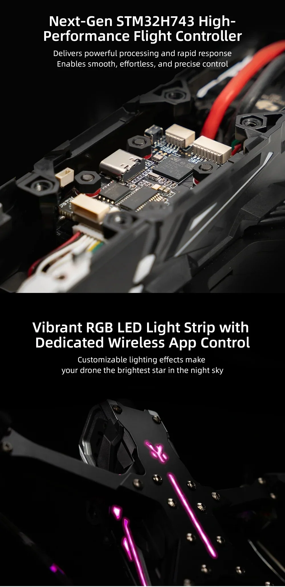 STM32H743-based flight controller close-up with RGB LED light strip and wireless app control highlight