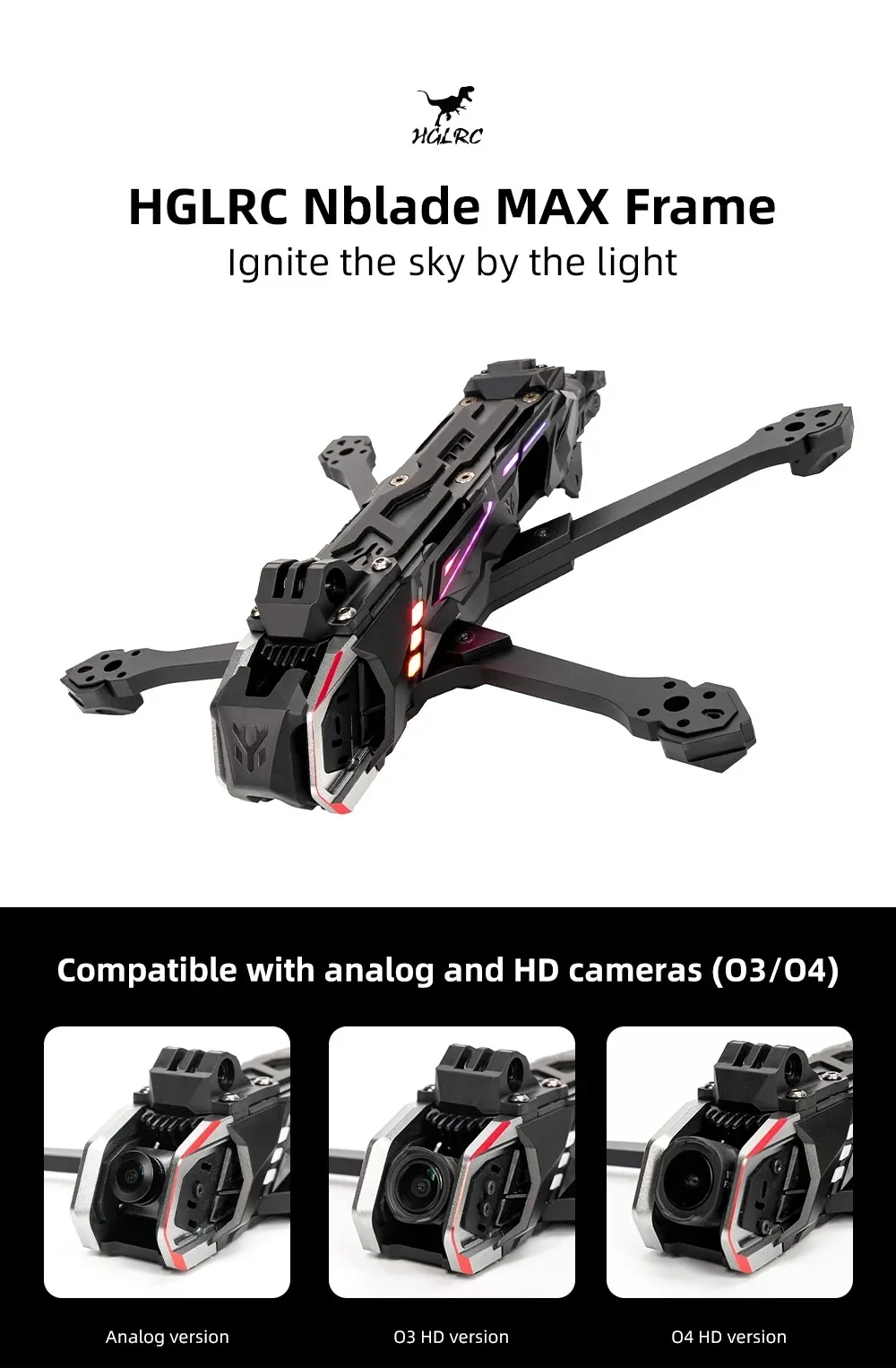 HGLRC Nblade MAX 5-Inch FPV Frame with RGB lighting, compatible with analog and DJI O3/O4 cameras