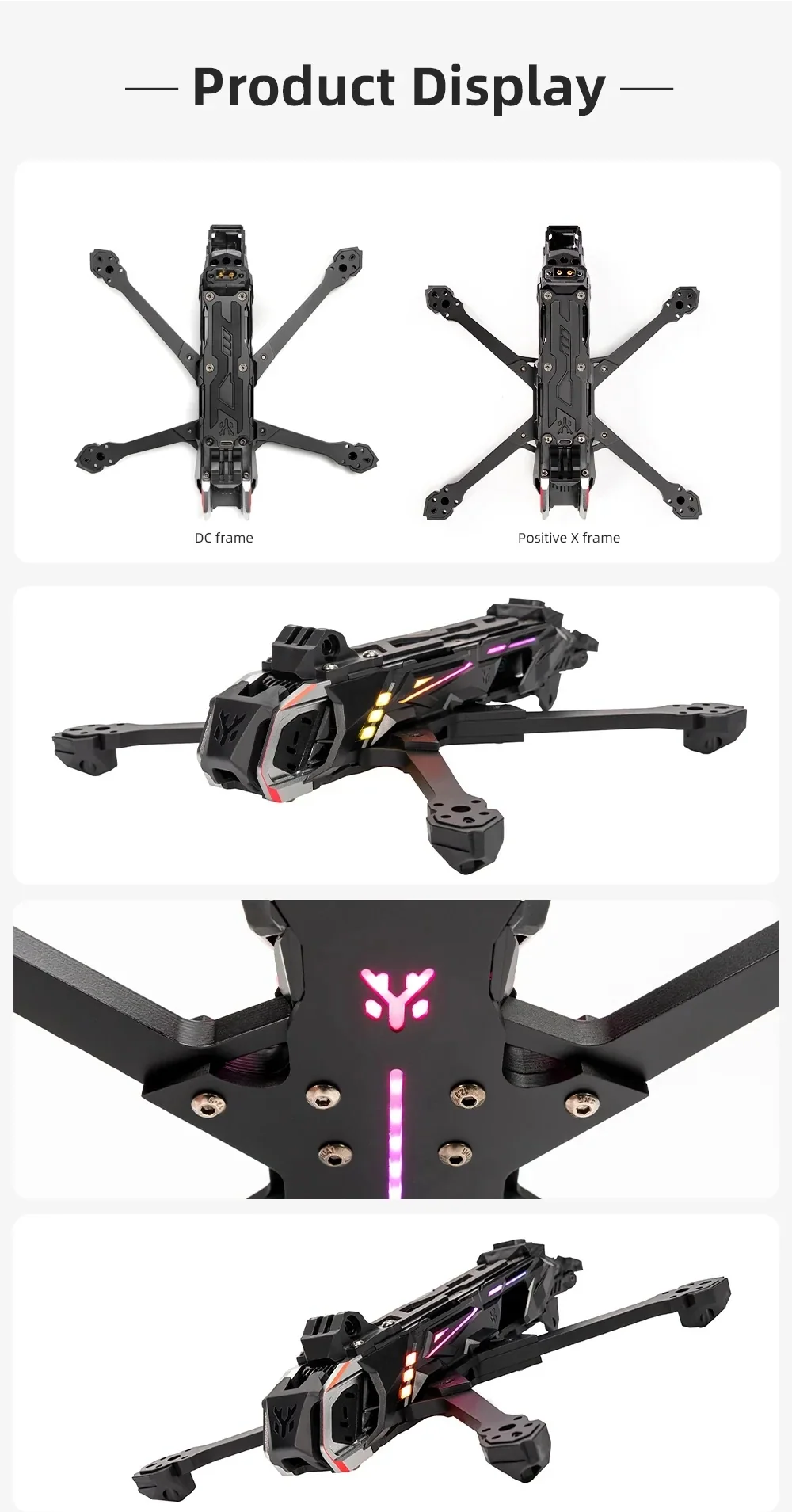 DC and True X layout views of the Nblade MAX 5-inch FPV frame with protected side plates and low-profile body