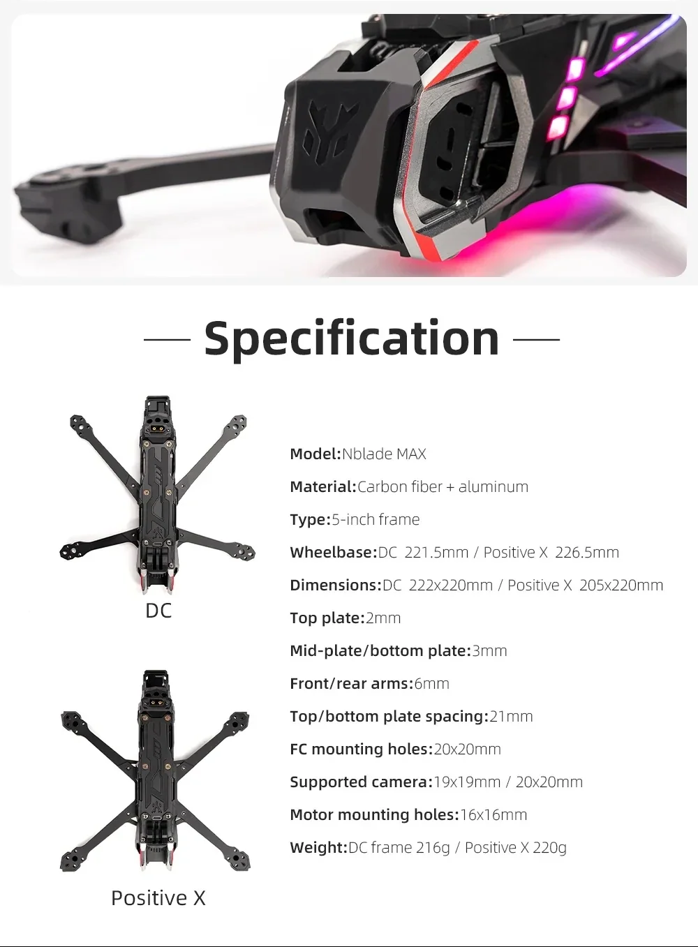 Nblade MAX specification chart with material, wheelbase, plate thickness, and mounting hole details
