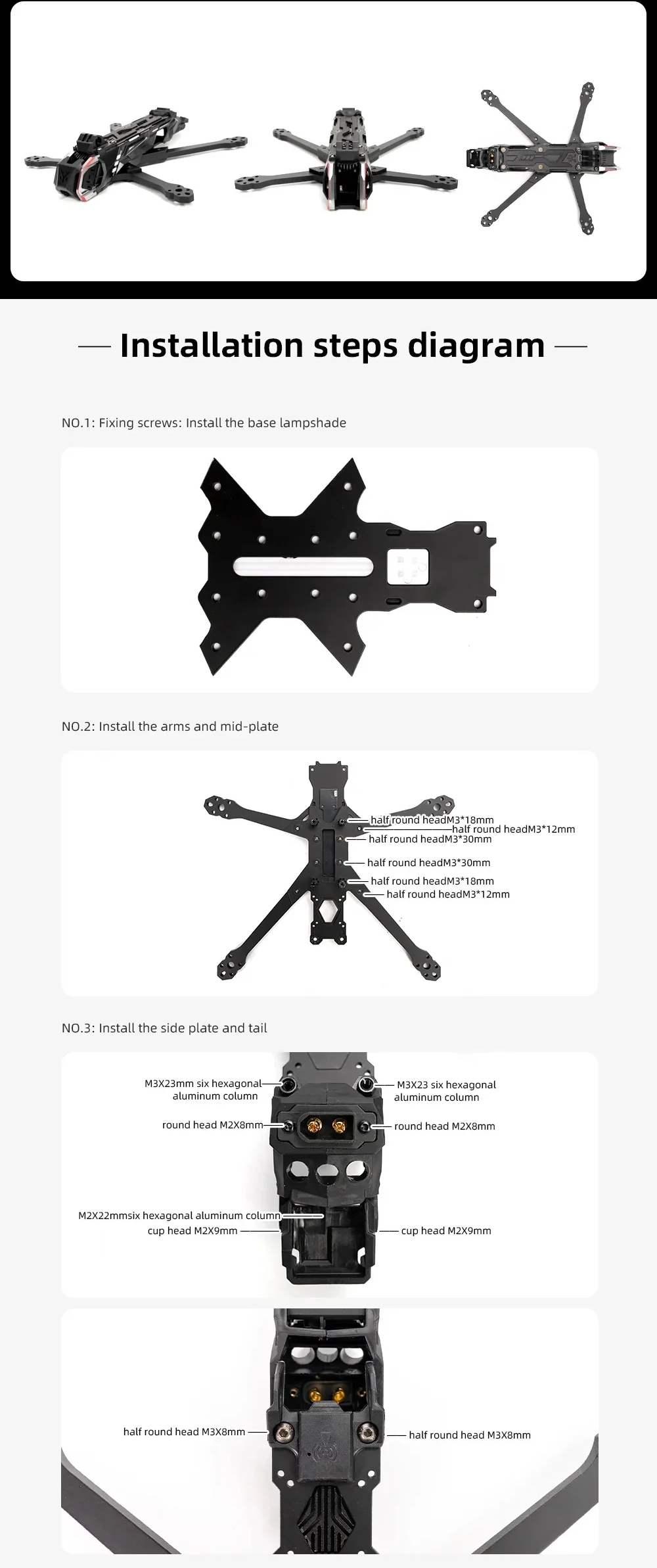 Installation steps diagram for assembling the base plate, arms, mid plate, and electronics stack on the frame