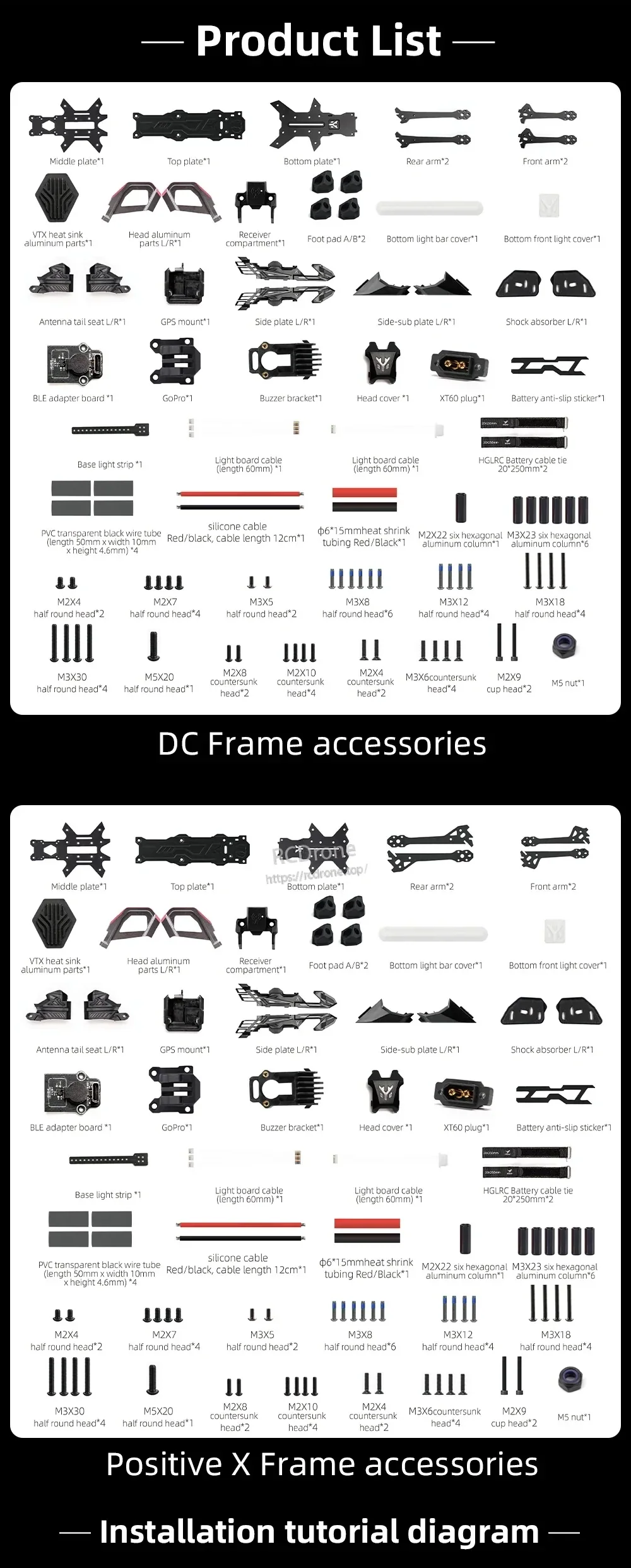Parts list for Nblade MAX frame kit showing included plates, arms, hardware, mounts, and accessories (DC/True X)