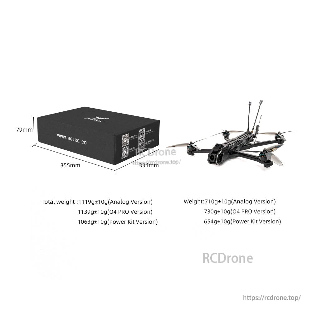 Packaging box size diagram showing box dimensions and listed drone weights by version