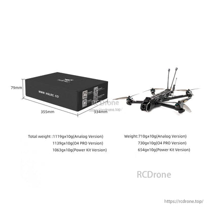 Packaging box size diagram showing box dimensions and listed drone weights by version