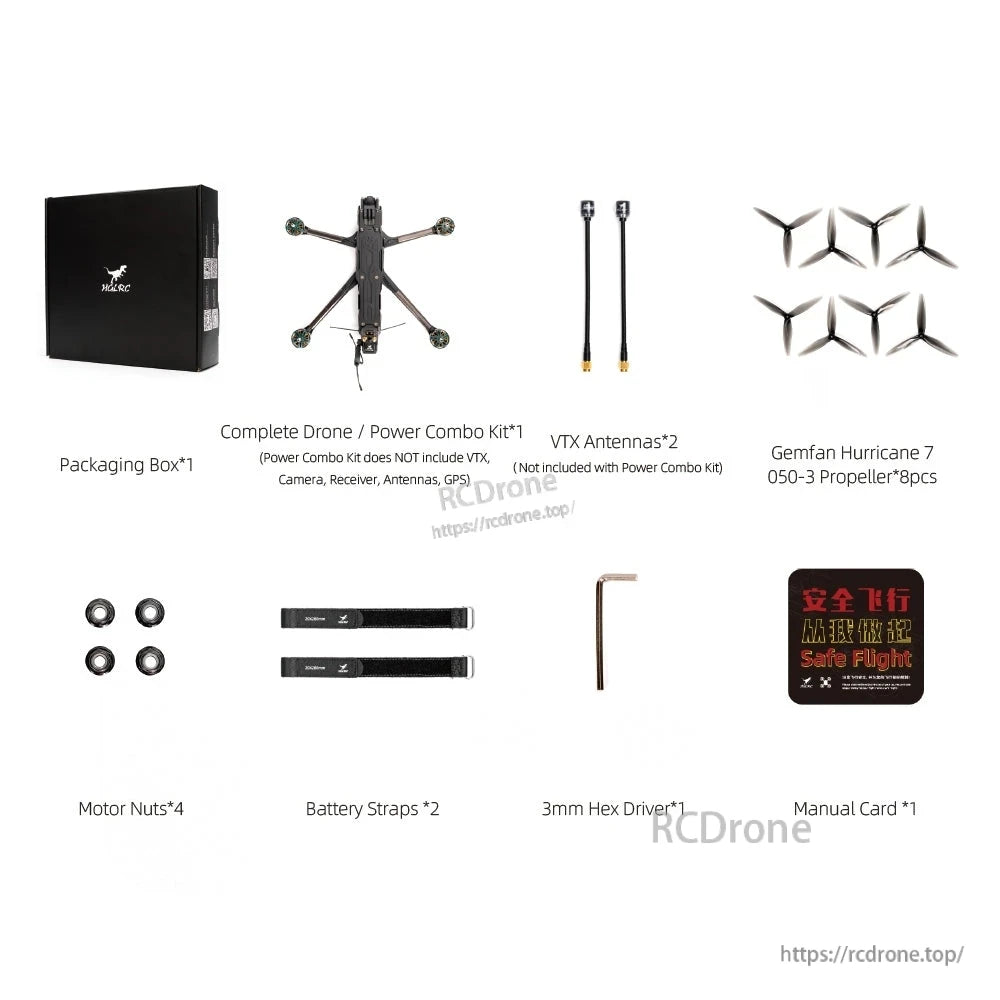 Package contents layout: box, quad, VTX antennas, spare propellers, motor nuts, straps, hex driver and card