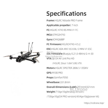 Specifications sheet for Nblade PRO listing components, wheelbase, dimensions and weight details