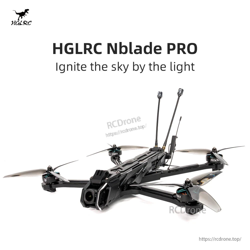 HGLRC Nblade PRO promotional banner with product photo and headline text "Ignite the sky by the light"