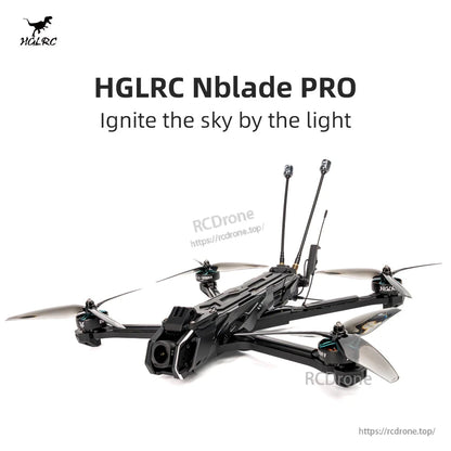 HGLRC Nblade PRO promotional banner with product photo and headline text "Ignite the sky by the light"