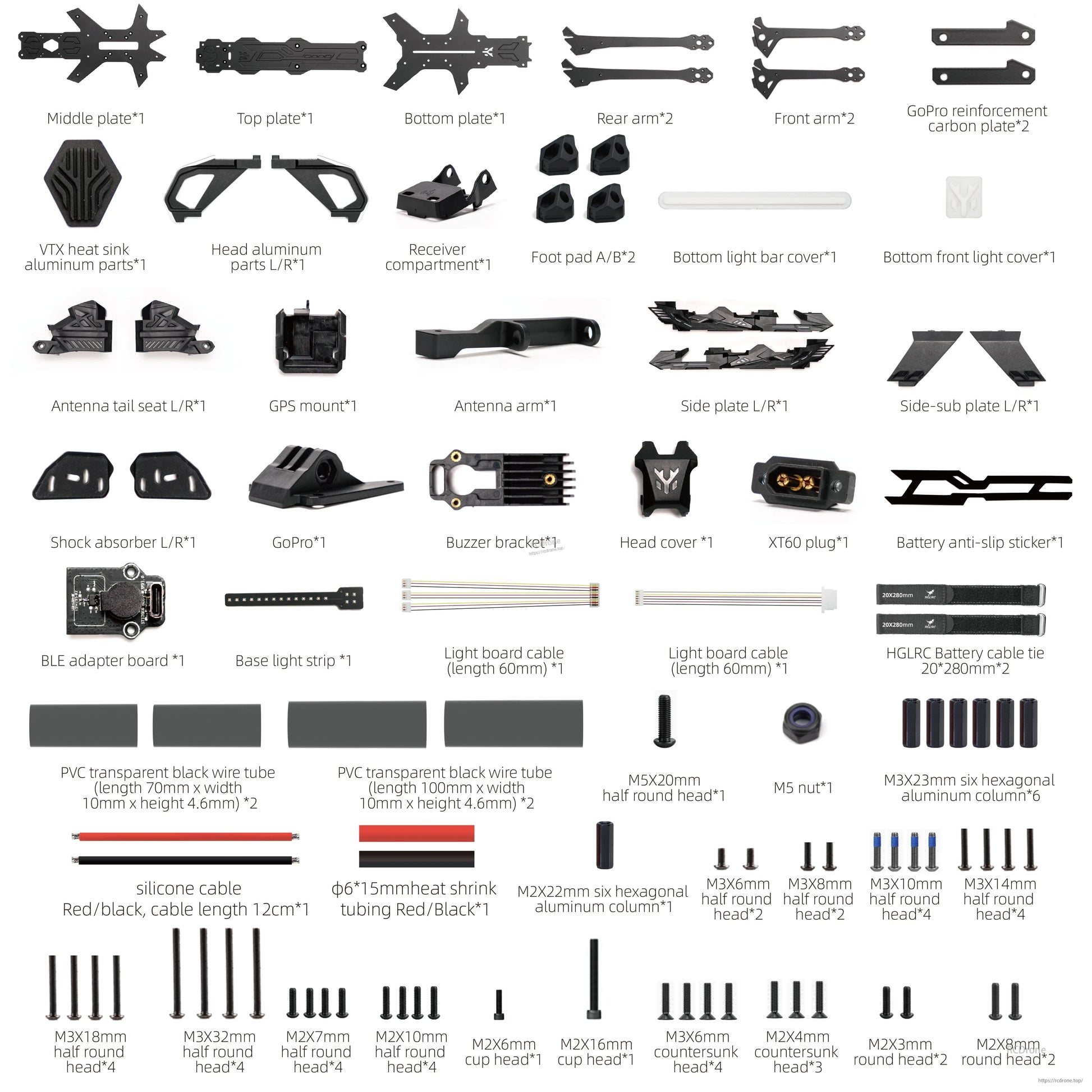 HGLRC Nblade PRO 7-inch FPV frame kit parts layout with plates, arms, hardware and accessories