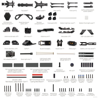 HGLRC Nblade PRO 7-inch FPV frame kit parts layout with plates, arms, hardware and accessories