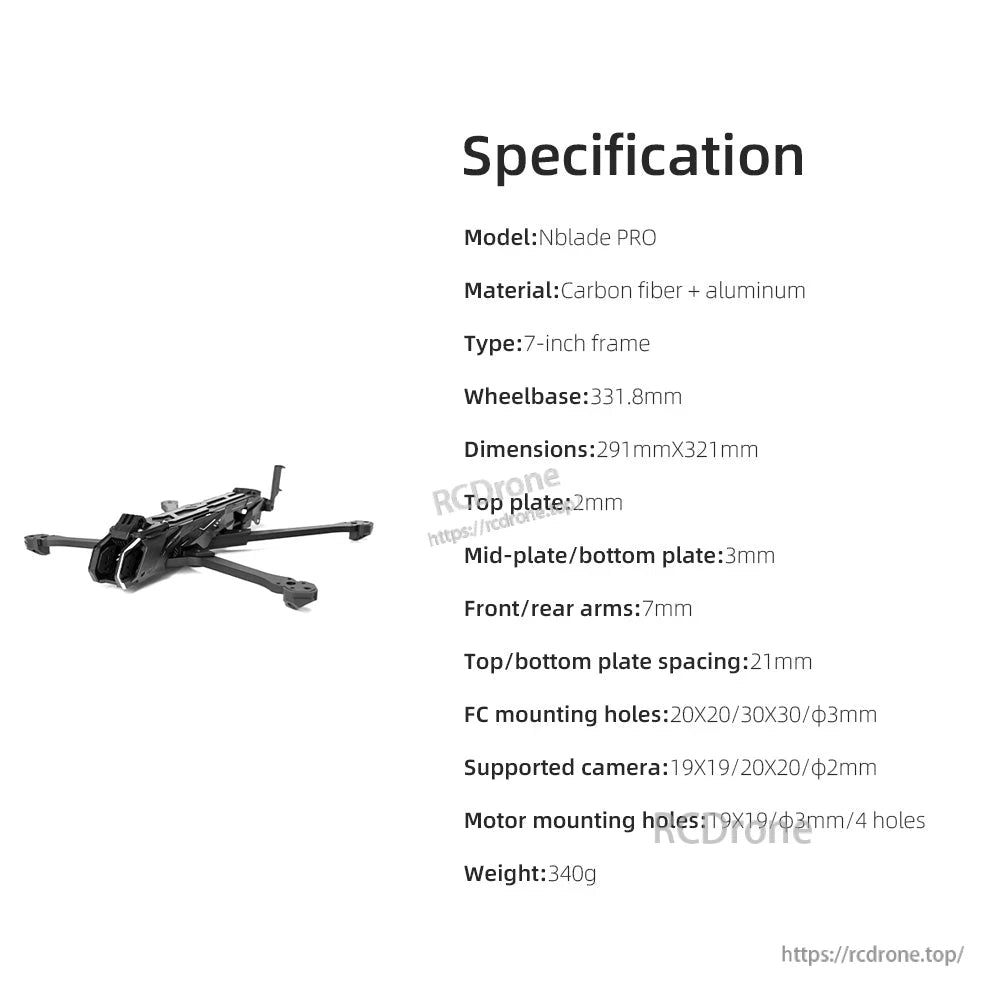 Specification sheet listing model Nblade PRO, material, wheelbase, dimensions, mounting and weight