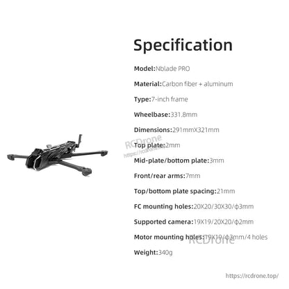 Specification sheet listing model Nblade PRO, material, wheelbase, dimensions, mounting and weight