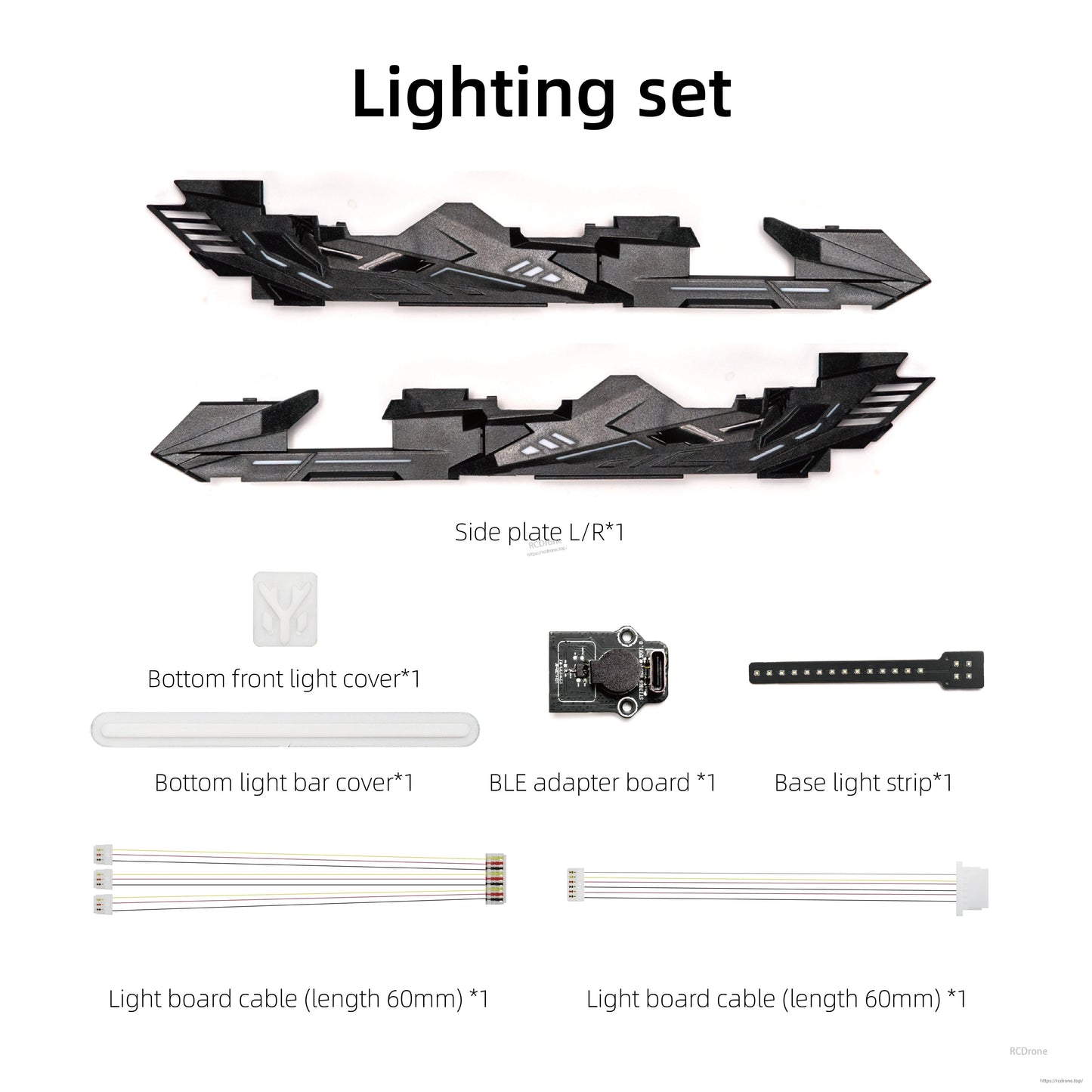 Lighting set contents for frame: side plates, LED adapter board, base light strip and cables