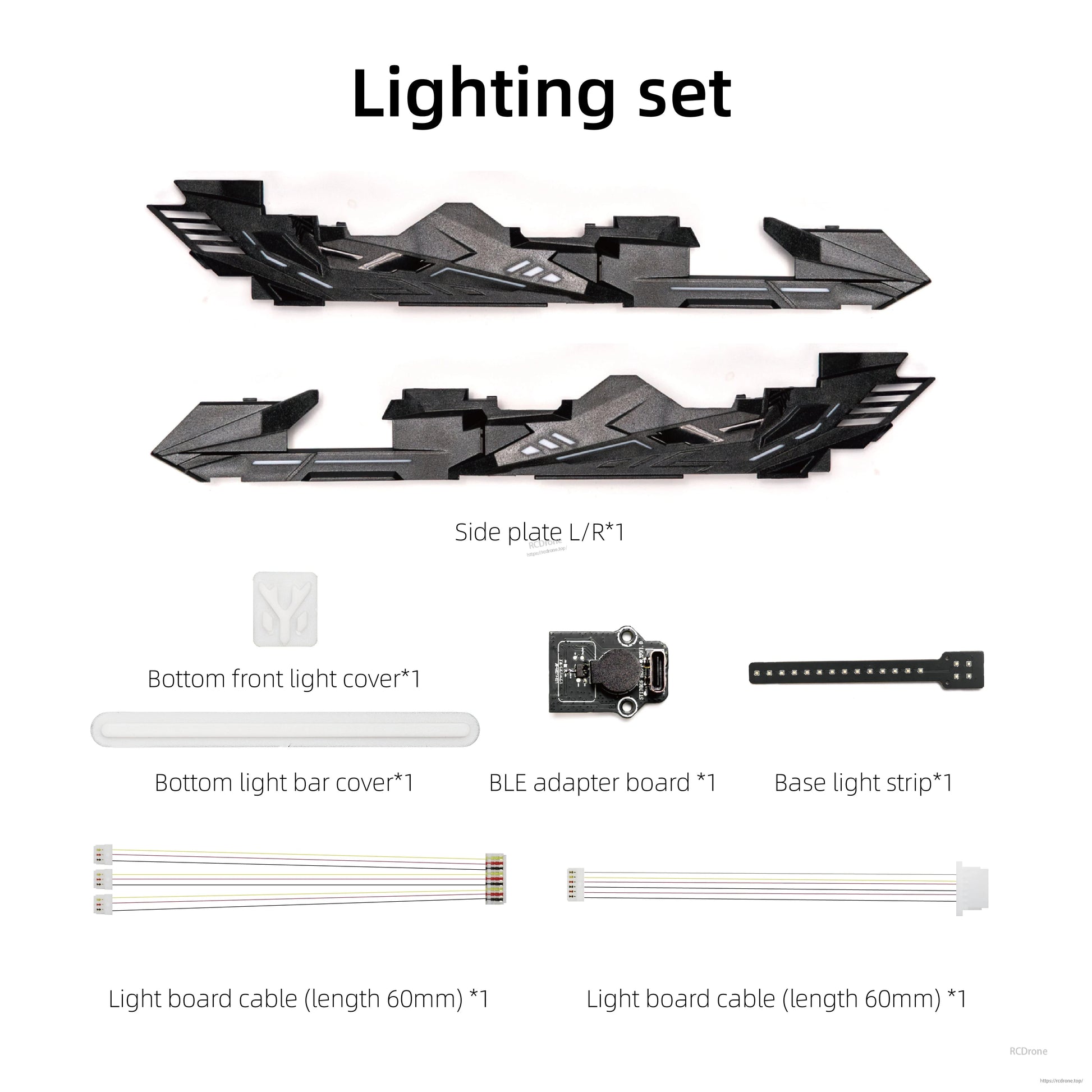 Lighting set contents for frame: side plates, LED adapter board, base light strip and cables