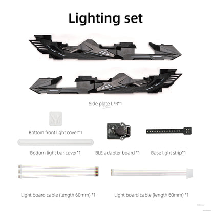 Lighting set contents for frame: side plates, LED adapter board, base light strip and cables