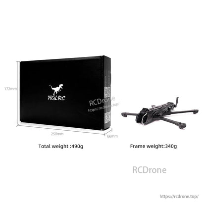 Retail box size diagram with total weight 490g and frame weight 340g, plus box dimensions